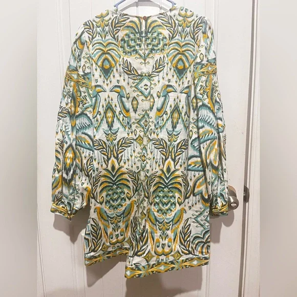 Farm Rio Green/Turquoise Boho Resort Romper Long Sleeve Tassel Tie NWT M - Picture 4 of 9